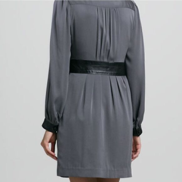 Milly Ellena leather trim silk Charmeuse gray/black dress size 10 - Picture 4 of 12